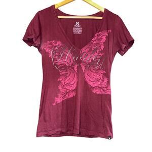 Hurley Y2K Deep Scoop V Neck Size Large Red Logo Short Sleeve Distressed ~Flawed
